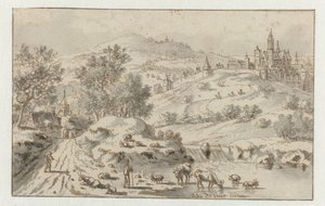 Paysage montagneux avec une ville sur une colline - Josua de Grave