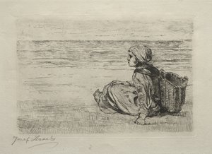 Fille avec panier assise sur le rivage - Jozef Israëls