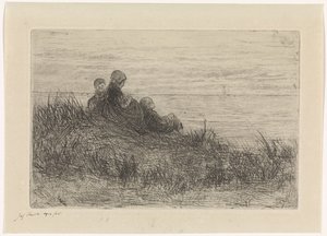 Paysage de dunes avec mère et enfants