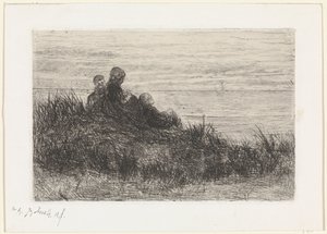 Paysage de dunes avec mère et enfants - Jozef Israëls (signed by artist)