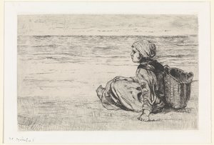 Fille au bord de la mer - Jozef Israëls (signed by artist)