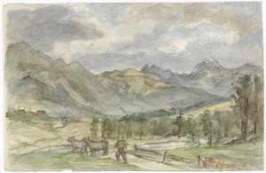 Paysage de montagne avec berger et deux vaches