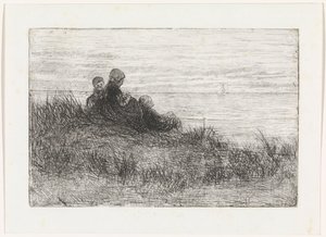 Paysage de dunes avec mère et enfants