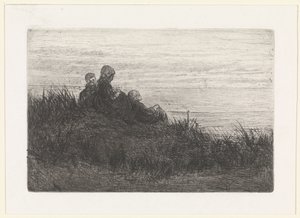 Paysage de dunes avec mère et enfants