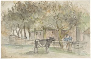 Paysage avec une vache et un fermier