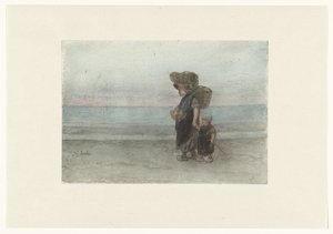 Femme avec enfant, marchant sur la plage