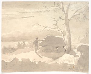 Paysage au clair de lune. Un chasseur à côté d