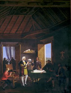 Le physicien Garcia Fernandez Pera Juan Perez et Martin Alonso Pinzon conversant dans la salle capitulaire du monastère de l