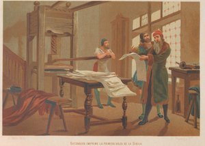 Gutenberg imprime la première page de la Bible. De : La ciencia y sus hombres, 1879 - Juan Planella y Rodríguez