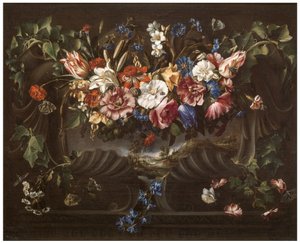 Guirlande de fleurs avec paysage - Juan de Arellano