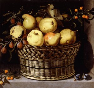 Panier en Osier avec des Fruits sur un Rebord de Pierre