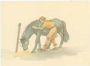 Un palefrenier médiéval brossant un cheval, 2004