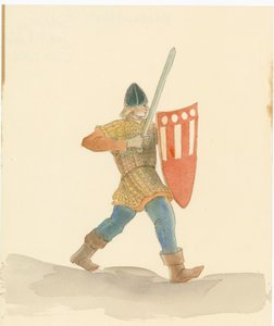 Un soldat médiéval portant une longue épée dans sa main droite et un bouclier dans sa main gauche, 2004