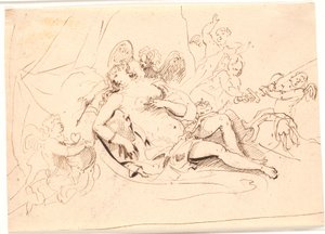 Vénus reposante, entourée de six putti jouant avec une épée, une flèche et un cœur - Jürgen Ovens
