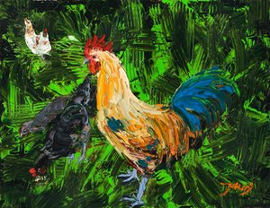 Un coq et des poules colorés - Jukyong Park