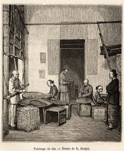 Le tamisage de la poudre à canon, pour trier les granulés selon leur taille et leur qualité avant le dernier séchage qui leur donne leur parfum, dans une usine de poudre à canon à Fati Bay (province de Canton), gravure d