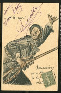 Carte postale : Souscrivez aux Bons de la Défense Nationale - Guerre de 14-18, Belligérants et Symboles, Emprunt, Journées Patriotiques - Illustration par Abel Faivre (1867-1945) - Jules Abel Faivre