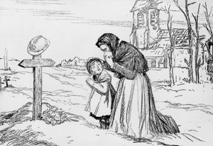 Veuve et sa petite fille pleurant sur la tombe de leur père et mari pendant la Première Guerre mondiale, 1er novembre