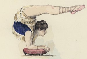 Gymnaste féminine faisant un équilibre sur les coudes (lithographie en couleur)