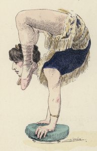 Gymnaste féminine faisant un poirier (lithographie en couleur)