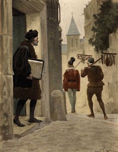 Maître Janotus (Ianotus) de Bragmardo quittant le domicile parisien de Gargantua en emportant les cadeaux offerts par Gargantua. Gargantua. Illustration de Jules Garnier. Dans "Rabelais et l