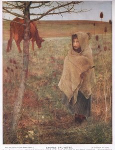 France, petite; fille; Fauvette; vache; rural; pauvre; vêtements - Jules Bastien Lepage