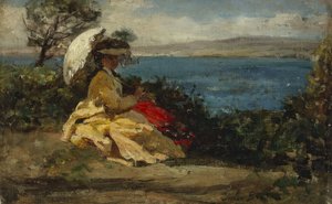Femme avec parasol, baie de Douarnenez, entre 1870 et 1875