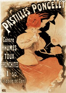 Affiche publicitaire pour les Pastilles Poncelet, remède contre le rhume et la bronchite, 1896