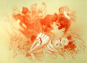 Au bal - dessin (sanguine) par Jules Chéret (1836 - 1932) - jeunes femmes et danseurs - danse - collection privée