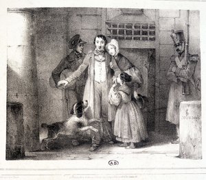 Homme quittant la prison et retrouvé avec sa famille, vers 1830. - Jules David