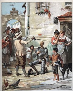 Don Quichotte devenant chevalier - Illustration de Jules David (1808-1892) dans Histoire de Don Quichotte - 1887 - par Miguel de Cervantes Saavedra (1547-1616)