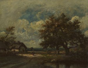 Le cottage au bord de la route, ciel orageux - Jules Dupré
