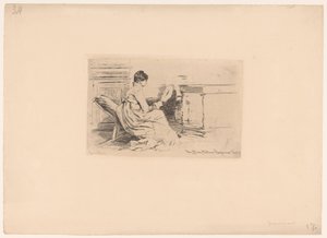 Femme avec éventail dans une chaise basse - Jules Ferdinand Jacquemart (attributed to)