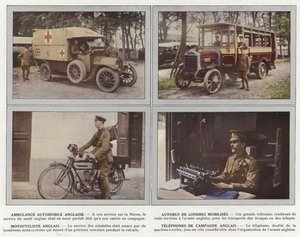Ambulance automobile anglaise, autobus de Londres mobilisés, motocycliste anglais, téléphones de campagne anglais
