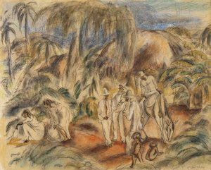 Figures dans un paysage tropical