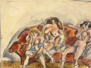 Trois femmes sur un canapé rouge - Jules Pascin