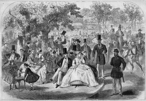 Scène de vie parisienne, un après-midi au Bois de Boulogne au XIXe siècle. Gravure d