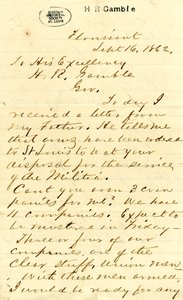 Lettre signée Julian Bates, Florissant, à Son Excellence H.R. Gamble, 16 septembre 1862