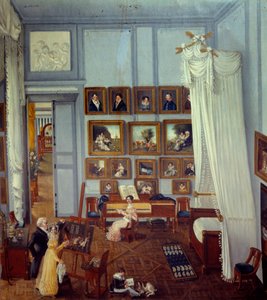 Vue intérieure de la résidence du chevalier Pradel de Saint Charles Un grand lit à baldaquin orne la pièce utilisée comme atelier. Un enfant joue et une jeune femme est devant un piano