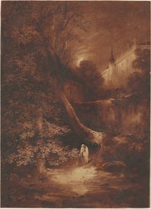 Paysage au clair de lune avec un moine marchant près d