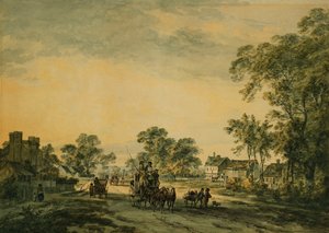 Un carrosse et des figures sur une route de campagne ouverte - Julius Caesar Ibbetson
