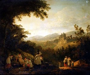 Paysage boisé avec lavandières près d