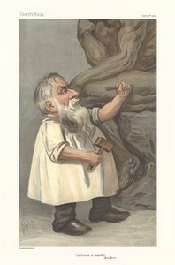 Caricature montrant Rodin sculptant
