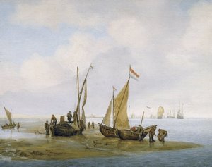 Pêche aux moules, trois bateaux de pêche néerlandais sur le rivage, dont l
