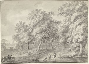 Paysage avec mère et enfant traversant une mare avec un chien - Jurriaan Andriessen (possibly)