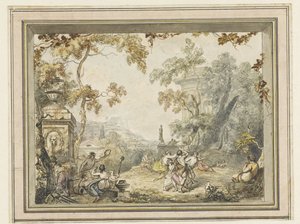 Projet de décoration de chambre : paysage idyllique-arcadien avec bâtiments classiques
