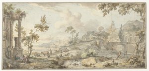 Projet pour une peinture murale avec paysage côtier du sud et pyramide - Jurriaan Andriessen