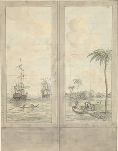 Conception pour deux panneaux de papier peint : rivière avec bateaux dans les colonies
