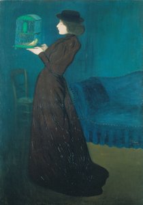 Femme avec une cage à oiseaux
