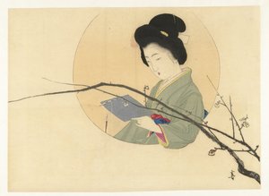 Femme lisant avec une branche fleurie